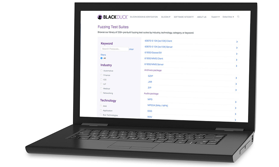 Laptop showcasing fuzz testing tools and suites by Black Duck