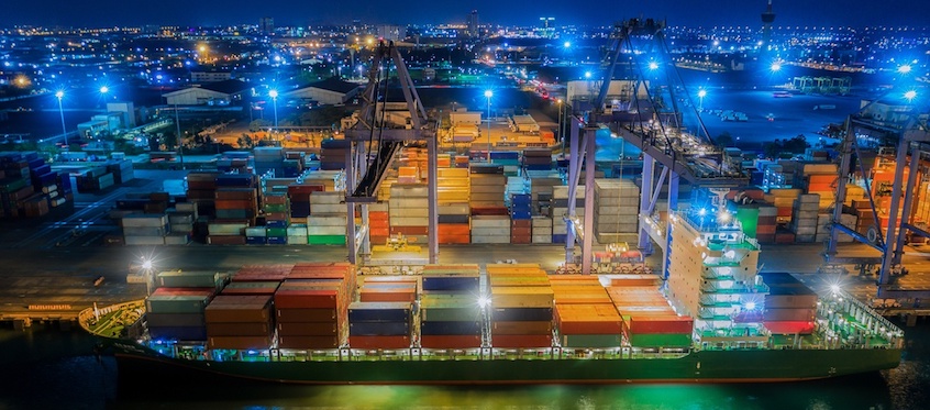 Container Ship at Night in Port