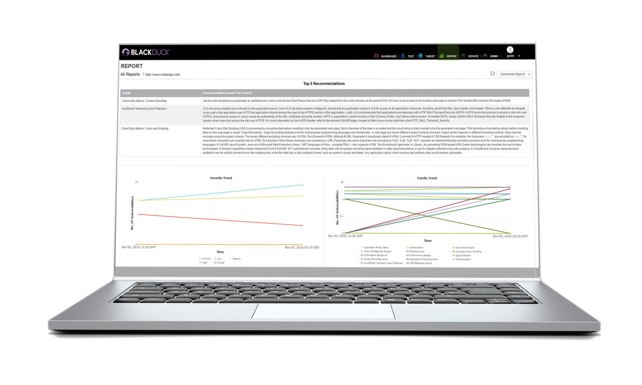 Laptop showing Black Duck security dashboard with mobile app security testing trend graphs and recommendations on screen