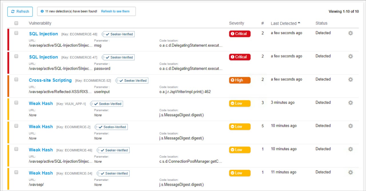 Seeker dashboard vulnerability list