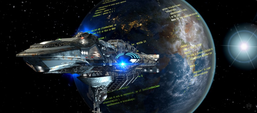 Spaceship Orbiting Earth With Code Overlay