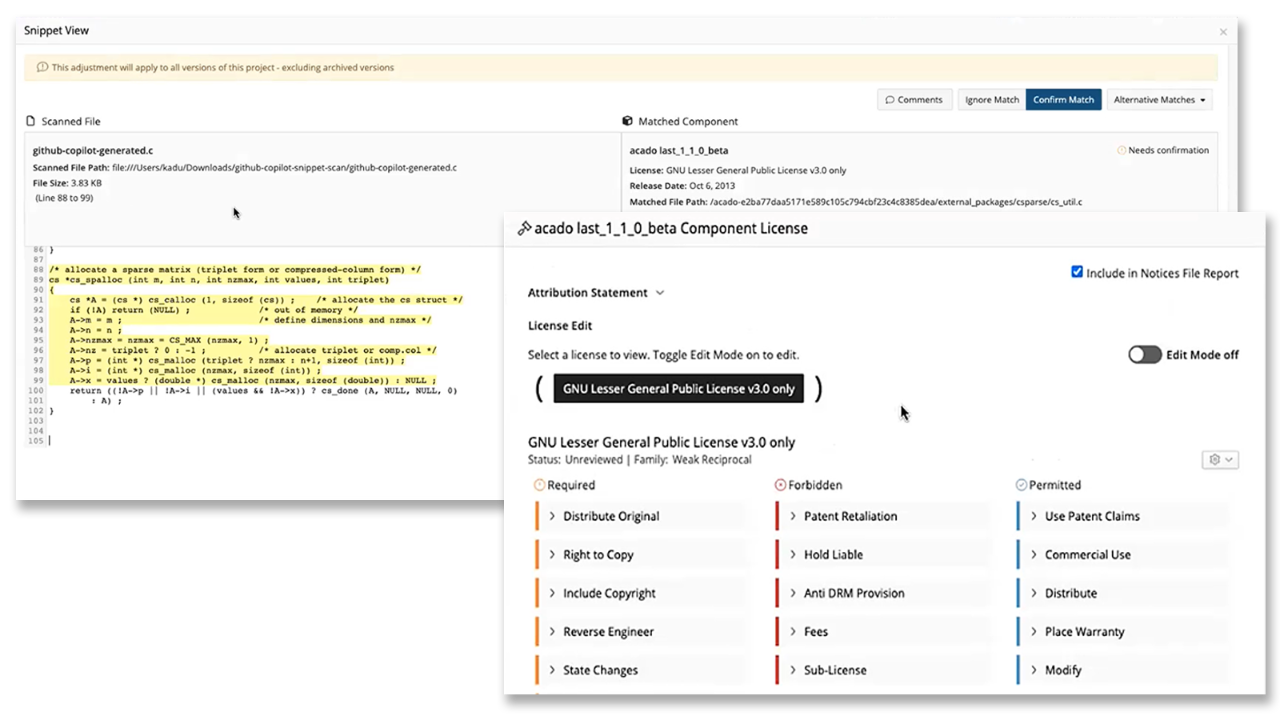 Detect open Source snippets in AI generated code