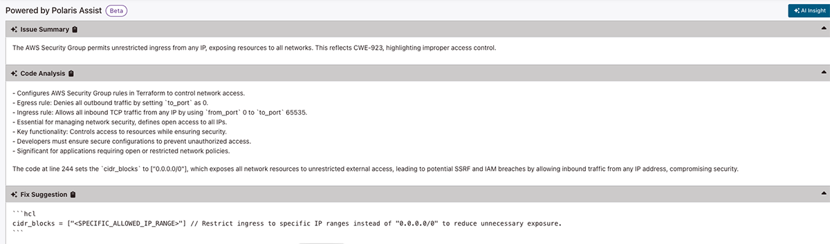 A screenshot of the Black Duck Polaris dashboard showing issue summary, code analysis, and fix recommendations from Polaris Assist.