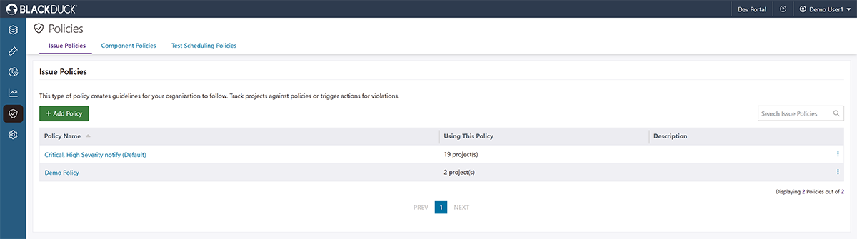 A screenshot of Black Duck Polaris Platform highlighting the policy management setup.