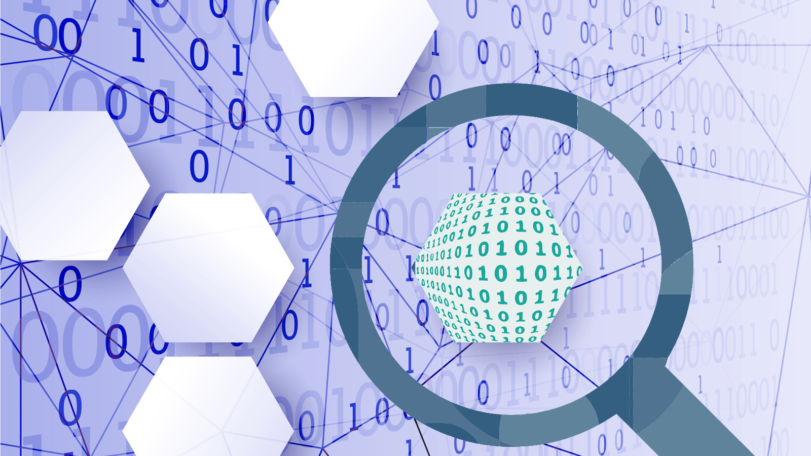 Magnifying Glass Over Binary Code Hexagons