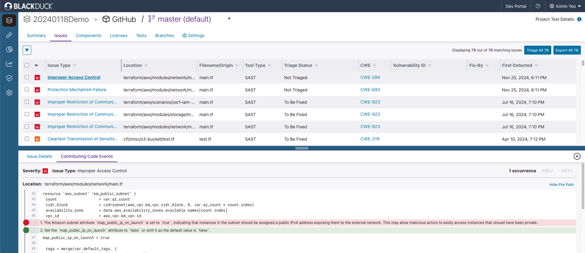A screenshot demonstrating how the Polaris AppSec Platform tracks issues across applications, projects, branches, and test types.